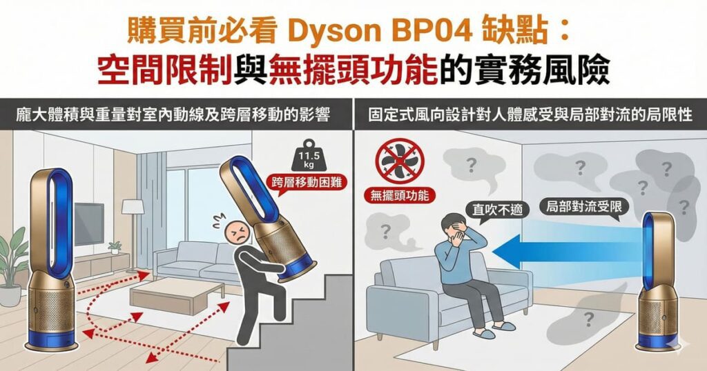 購買前必看 Dyson BP04 缺點：空間限制與無擺頭功能的實務風險